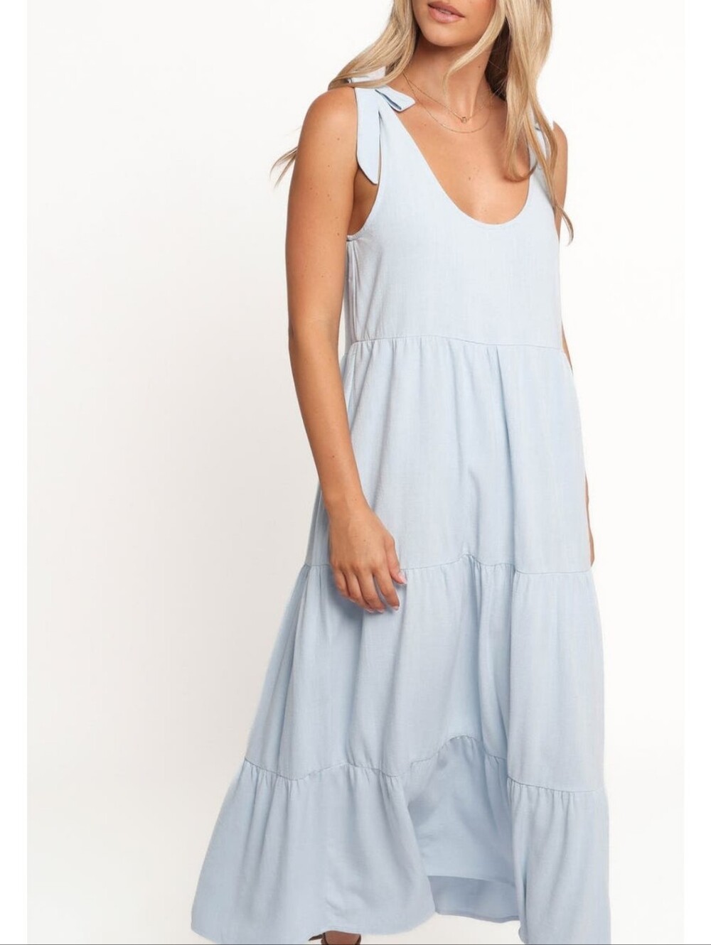 Petal & Pup Light Blue Tie-Shoulder Tiered Midi Dress